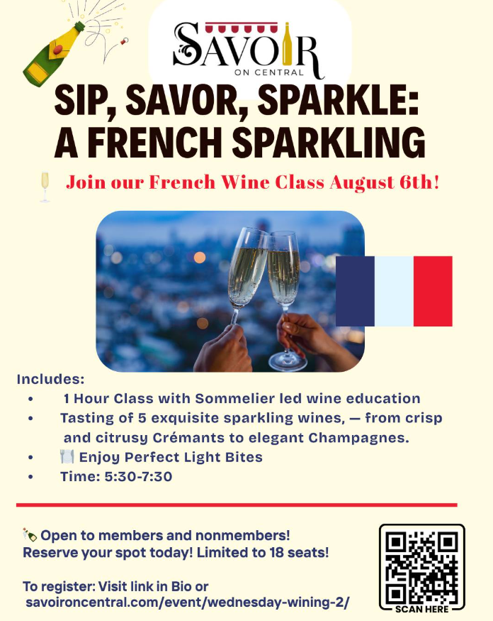 savoir sip savor sparkle, franch sparkling tasting event flyer in st pete florida